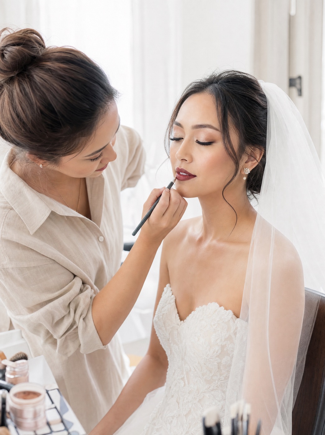 Maquilladora aplicando maquillaje de novia en un salón luminoso